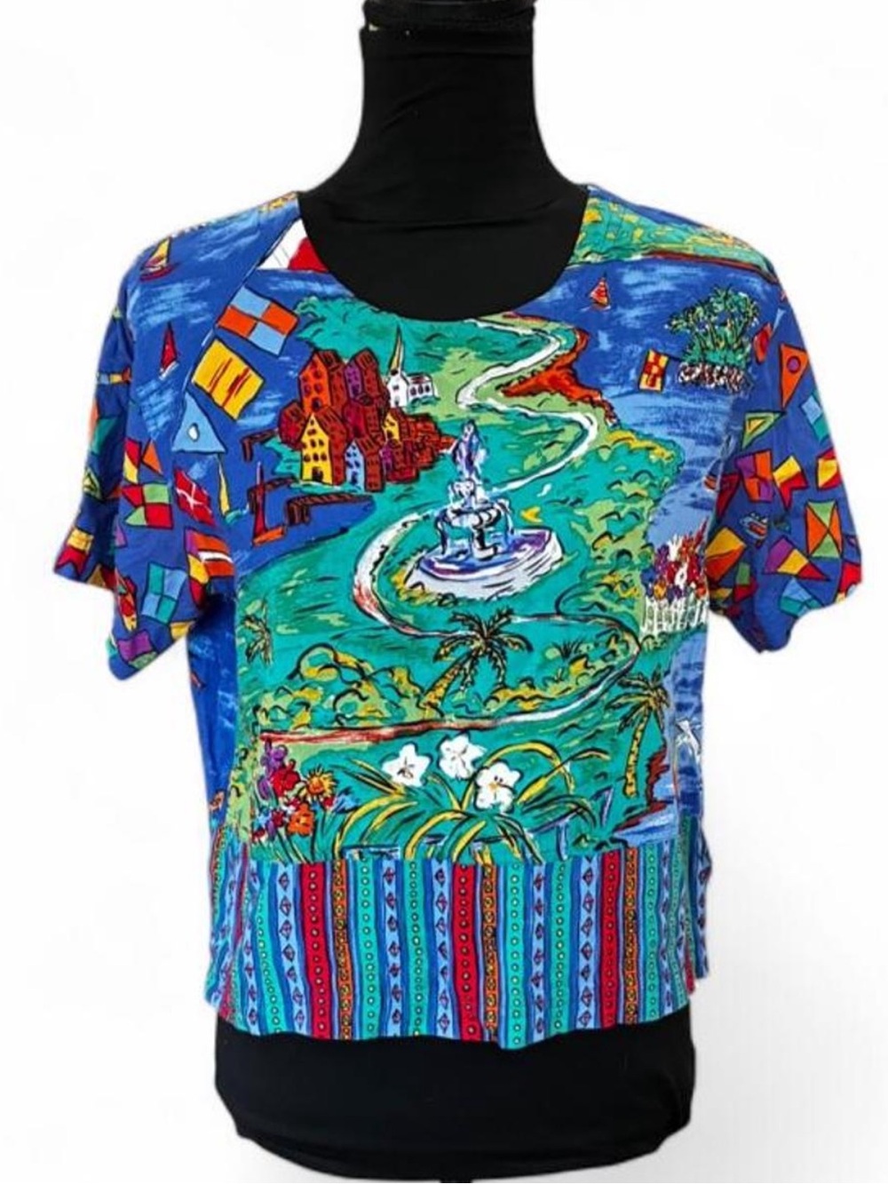 Carole Little Multicolor Blue Scenic Print Short Sleeve Top